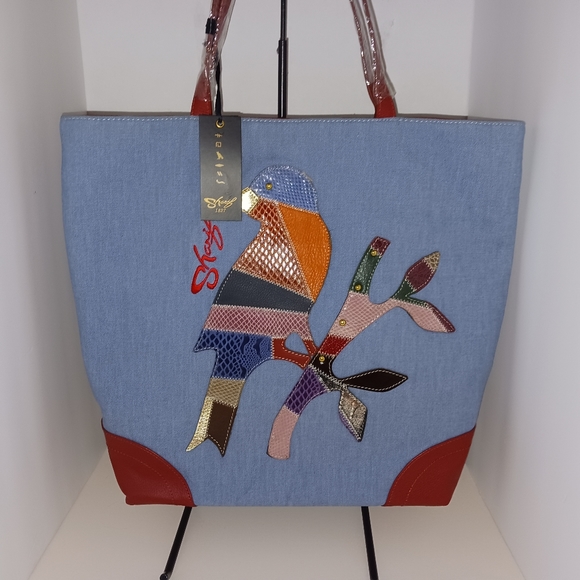 Sharif Animal Melange Denim & Leather Patchwork Tote with Cosmetic Bag, NWT - Picture 3 of 13